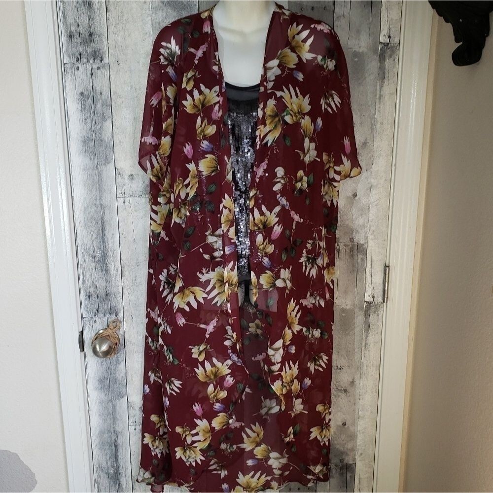 Boutique burgundy floral kimono duster 0x 1x